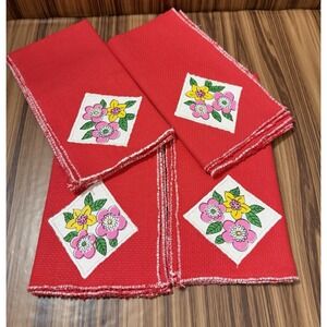 Vintage-Style Handmade Napkin Set Red Floral Applique Country Cottage Farmhouse